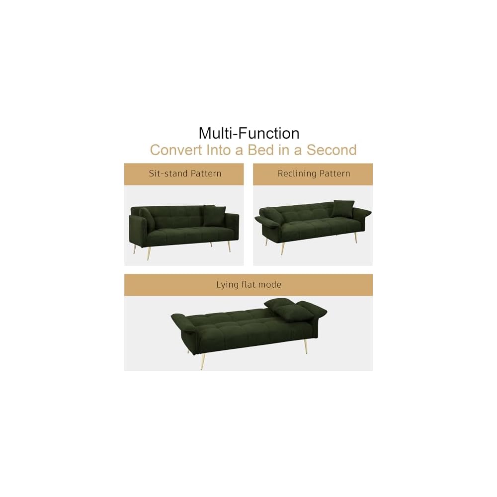 HRVEOCEI 70" Modern Teddy Convertible Folding Futon Couch Sofa Bed with Adjustable Backres & Arm, Memory Foam Loveseat Sofa for Compact Living Space, Dorm, Game Studio, Apartment, Bedroom (Green)