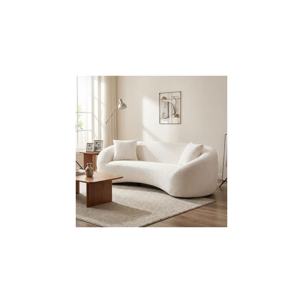 93.31 Inch White Curved Boucle Sofa, 3-Seater Solid Wood Frame