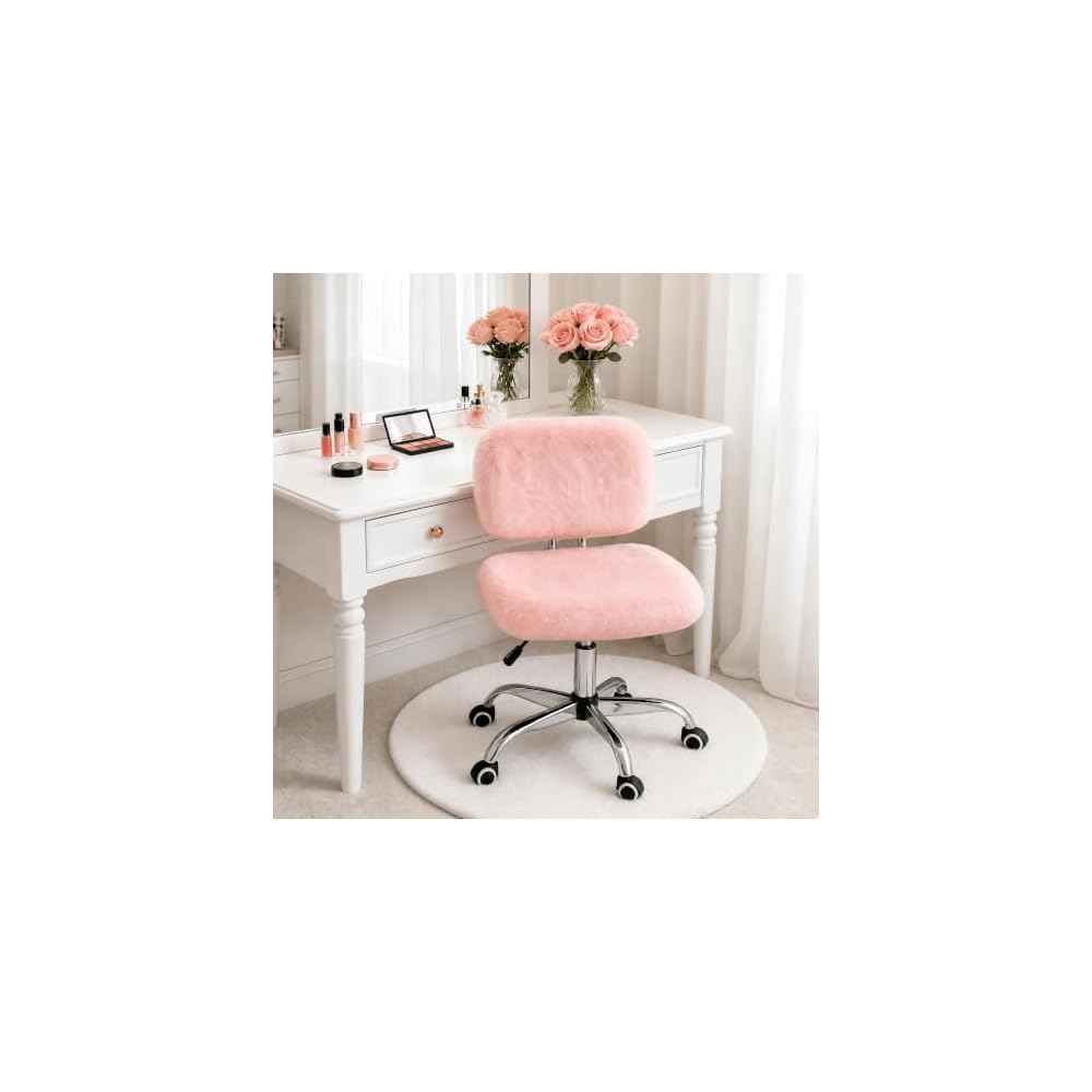 Vanity Chair with Wheels, Small Faux Fur Makeup Chair with Back Support for Bedroom & Dressing Room, Adjustable Swivel Rolling Chair, Armless, 10-Min Assembly, Pink