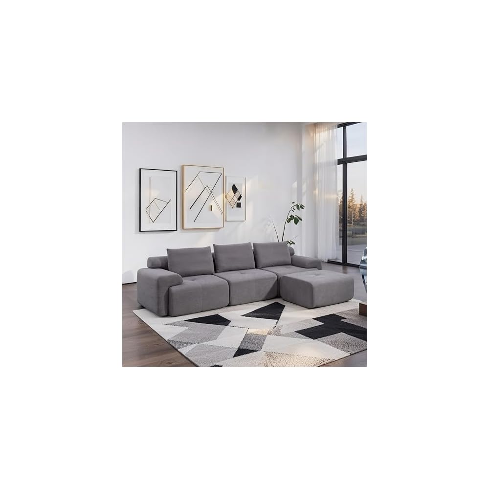 Fefances 120" Modern L-Shaped Modular Sectional Sofa, No Assembly Modular Boneless Couch Oversized 3-Seater Cloud Couch with Deep Seat and Movable Ottoman for Living Room-Corduroy Upholstery Grey