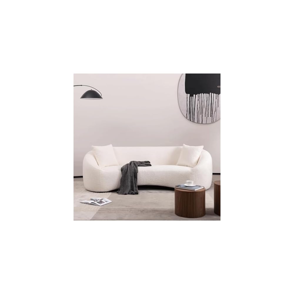 93.31 Inch White Curved Boucle Sofa, 3-Seater Solid Wood Frame