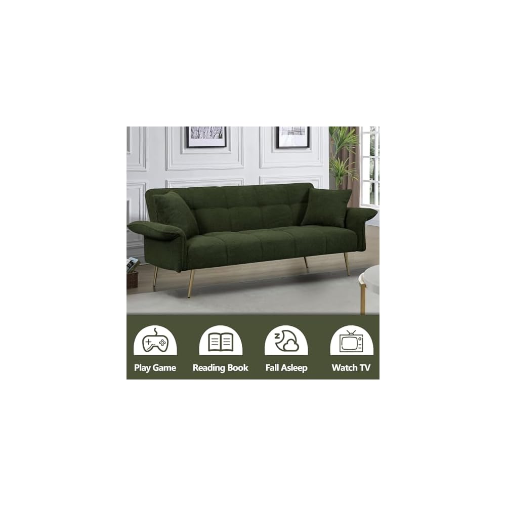 HRVEOCEI 70" Modern Teddy Convertible Folding Futon Couch Sofa Bed with Adjustable Backres & Arm, Memory Foam Loveseat Sofa for Compact Living Space, Dorm, Game Studio, Apartment, Bedroom (Green)