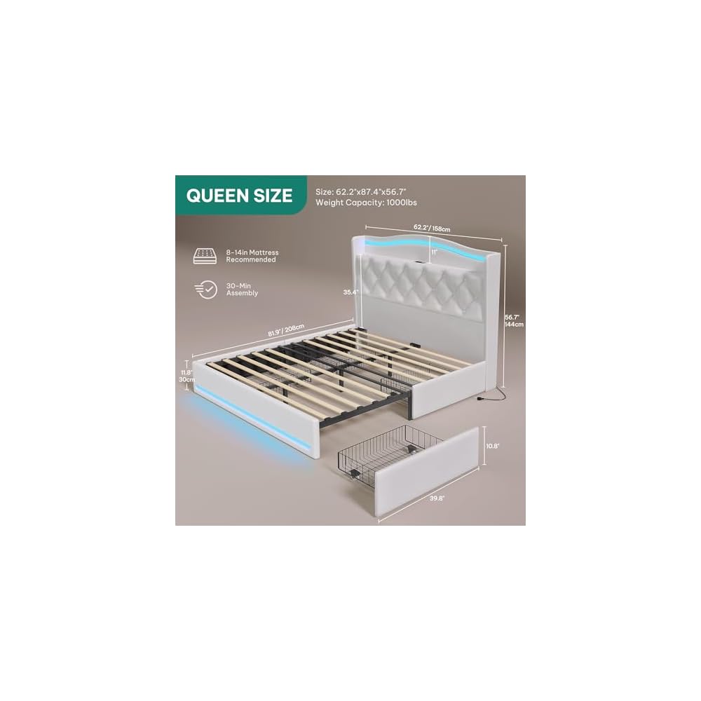 YITAHOME Queen Size Bed Frame with 4 Storage Drawers and RGB LED Lights