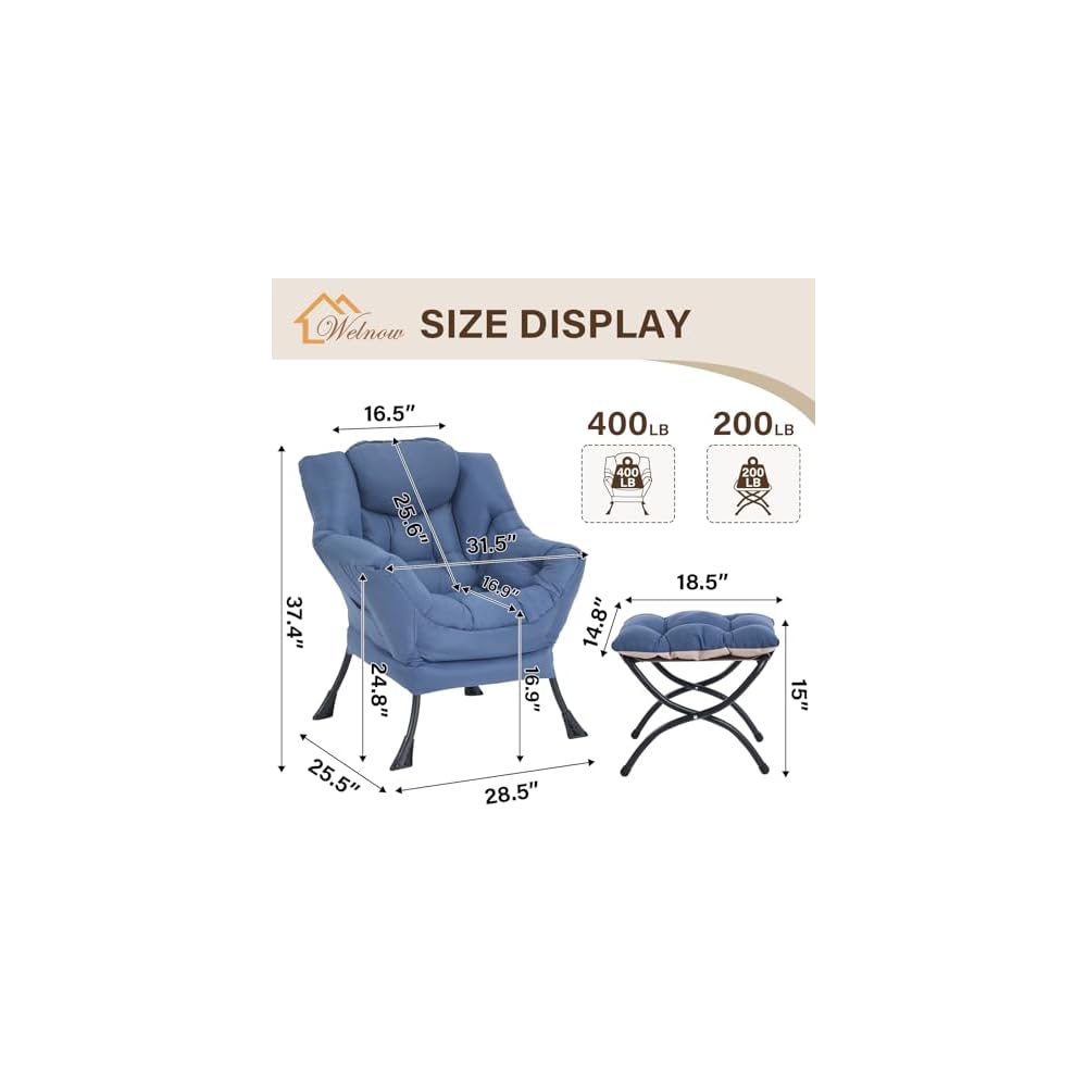 Welnow Lazy Chair with Ottoman, Reading Chair with Footrest,Royal Blue