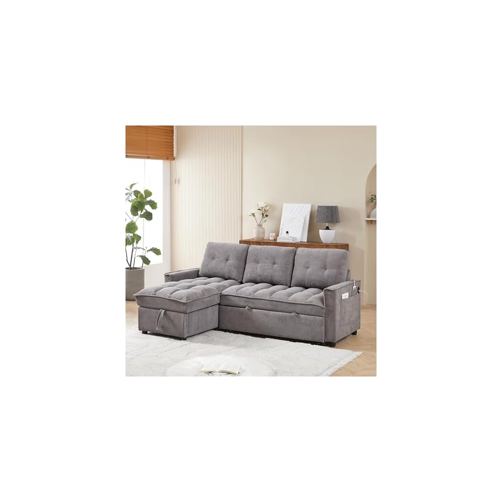KEIKI 71.3" Convertible Sectional Sofa Bed, Pull Out Couch with Storage Chaise, USB & Type-C Ports, Chenille L Shaped Sleeper Sofa for Movie Nights, Family Room, Living Room Furniture
