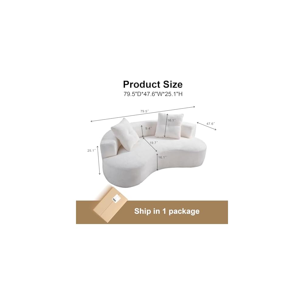 Boucle Curved Sofa 79.5" with 2 Pillows, 3-Seater White Couch
