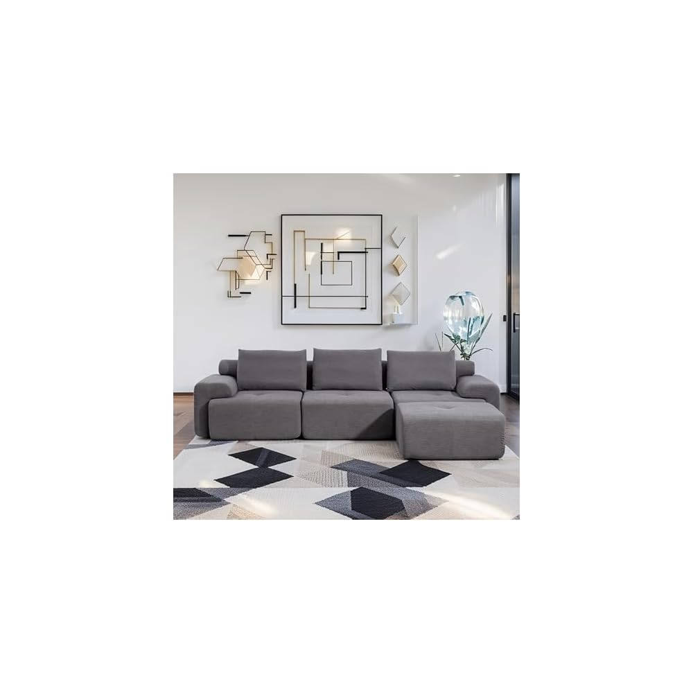 Fefances 120" Modern L-Shaped Modular Sectional Sofa, No Assembly Modular Boneless Couch Oversized 3-Seater Cloud Couch with Deep Seat and Movable Ottoman for Living Room-Corduroy Upholstery Grey