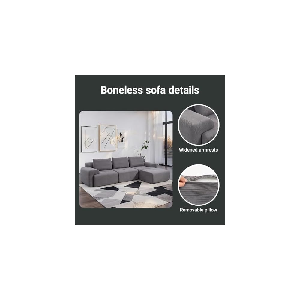 Fefances 120" Modern L-Shaped Modular Sectional Sofa, No Assembly Modular Boneless Couch Oversized 3-Seater Cloud Couch with Deep Seat and Movable Ottoman for Living Room-Corduroy Upholstery Grey