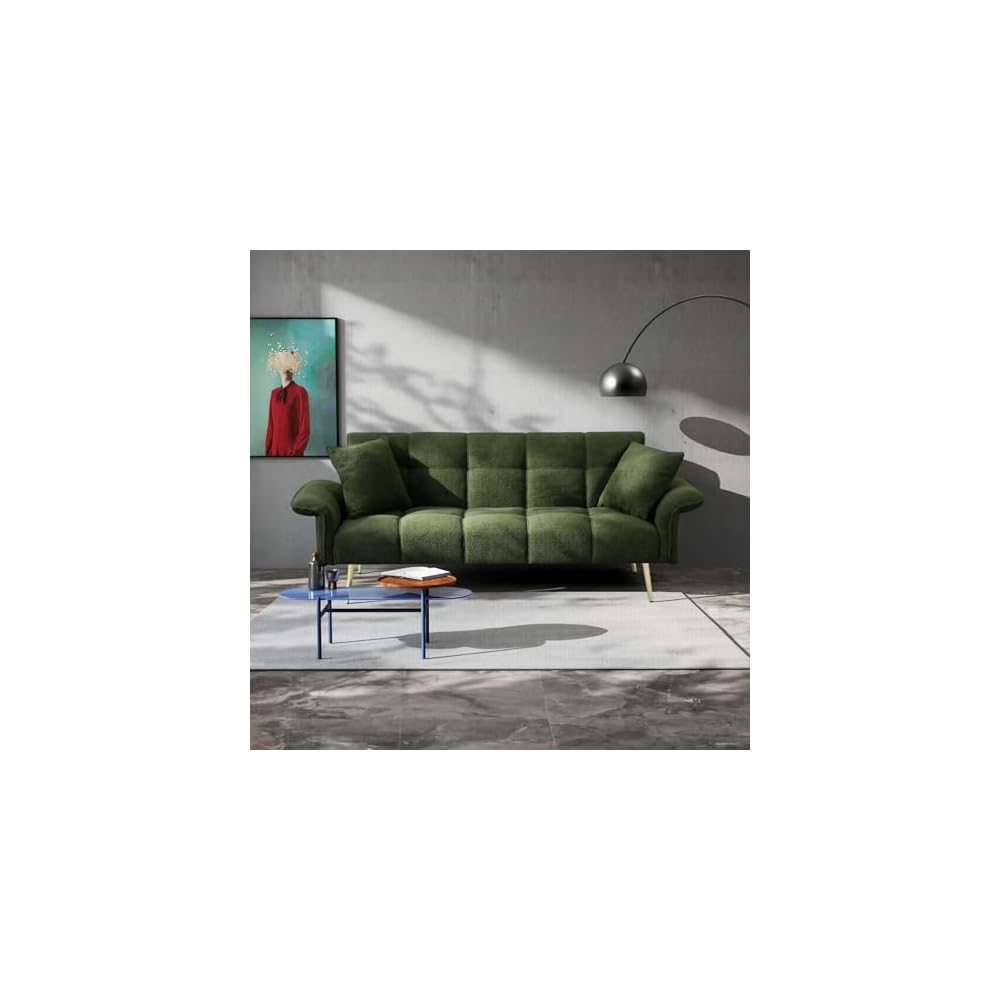 70" Futon Sofa Bed,Teddy Fleece Fabric Couch Bed (Dark Green)