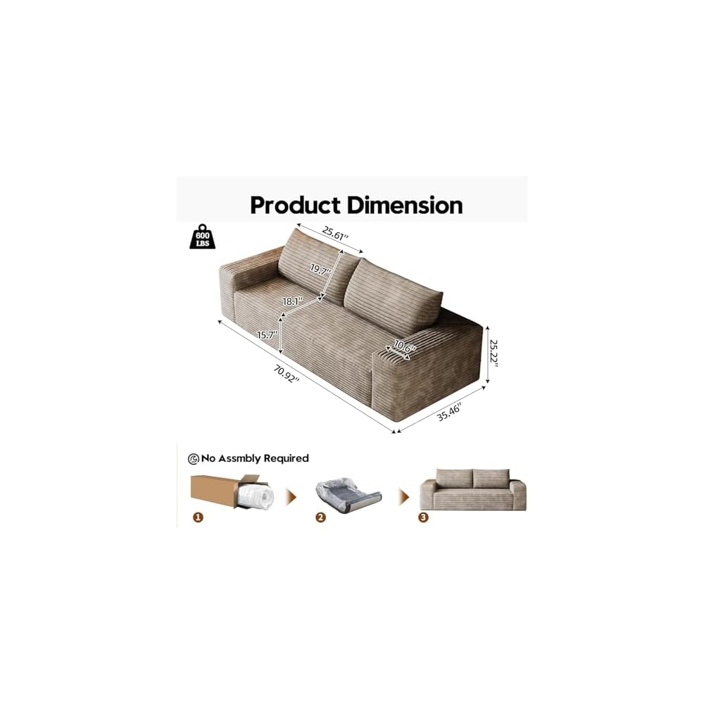 71" Cloud Boneless Loveseat Sofa Couch, Bean Bag 3-Seater Couch with Memory Foam, Corduroy Comfy Floor Sofa Deep Seat for Living Room, Bedroom, Apartment, No Assembly (Camel)
