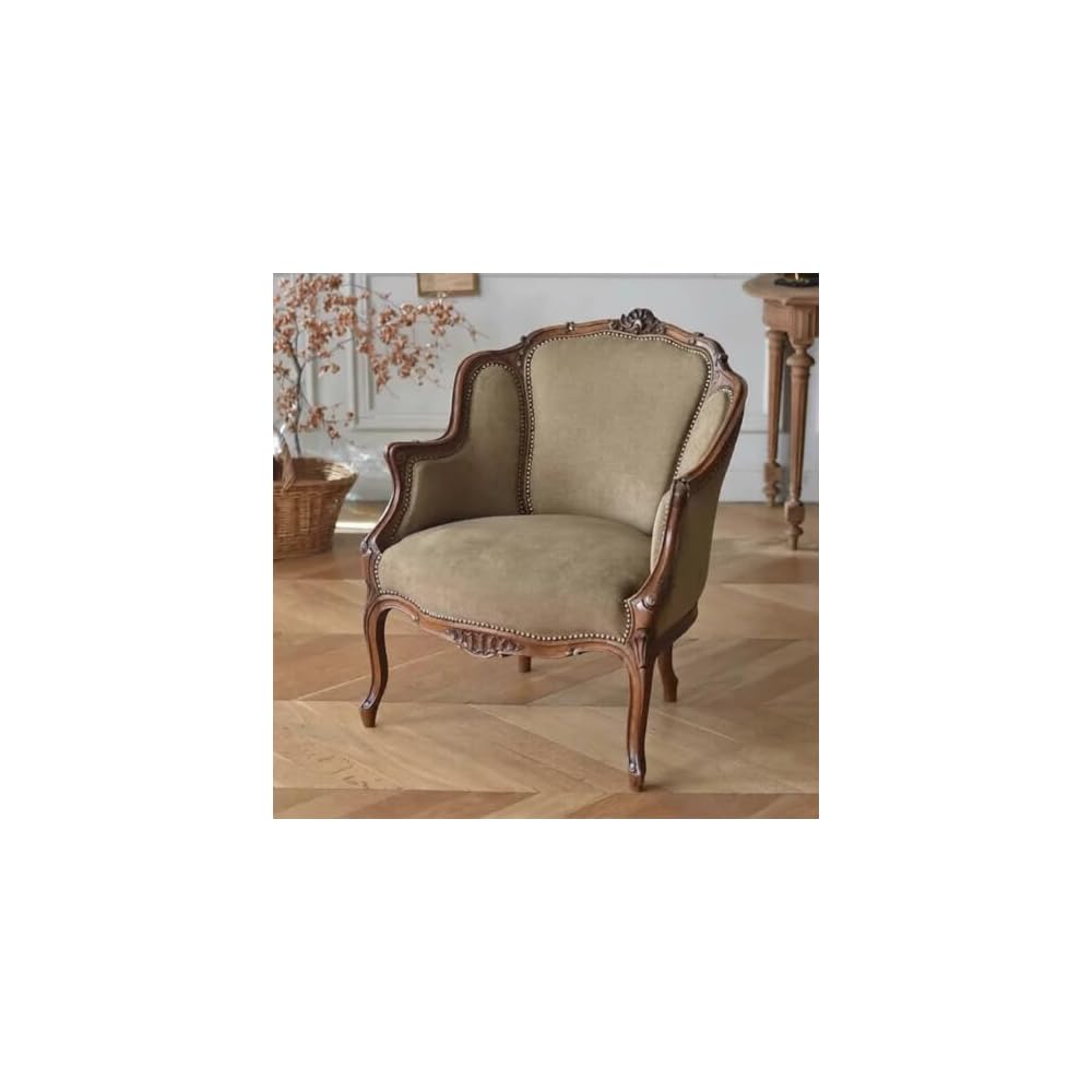 Vintage Solid Wood Accent Armchair, Upholstered Lounge Chair with Carved Frame and Nailhead Trim, Classic Single Sofa Chair for Living Room, Bedroom Studio