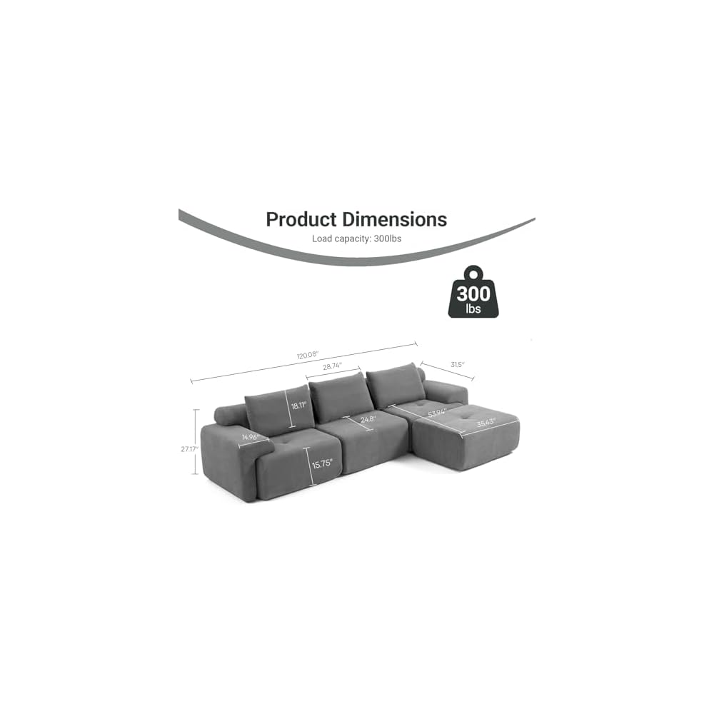 Fefances 120" Modern L-Shaped Modular Sectional Sofa, No Assembly Modular Boneless Couch Oversized 3-Seater Cloud Couch with Deep Seat and Movable Ottoman for Living Room-Corduroy Upholstery Grey
