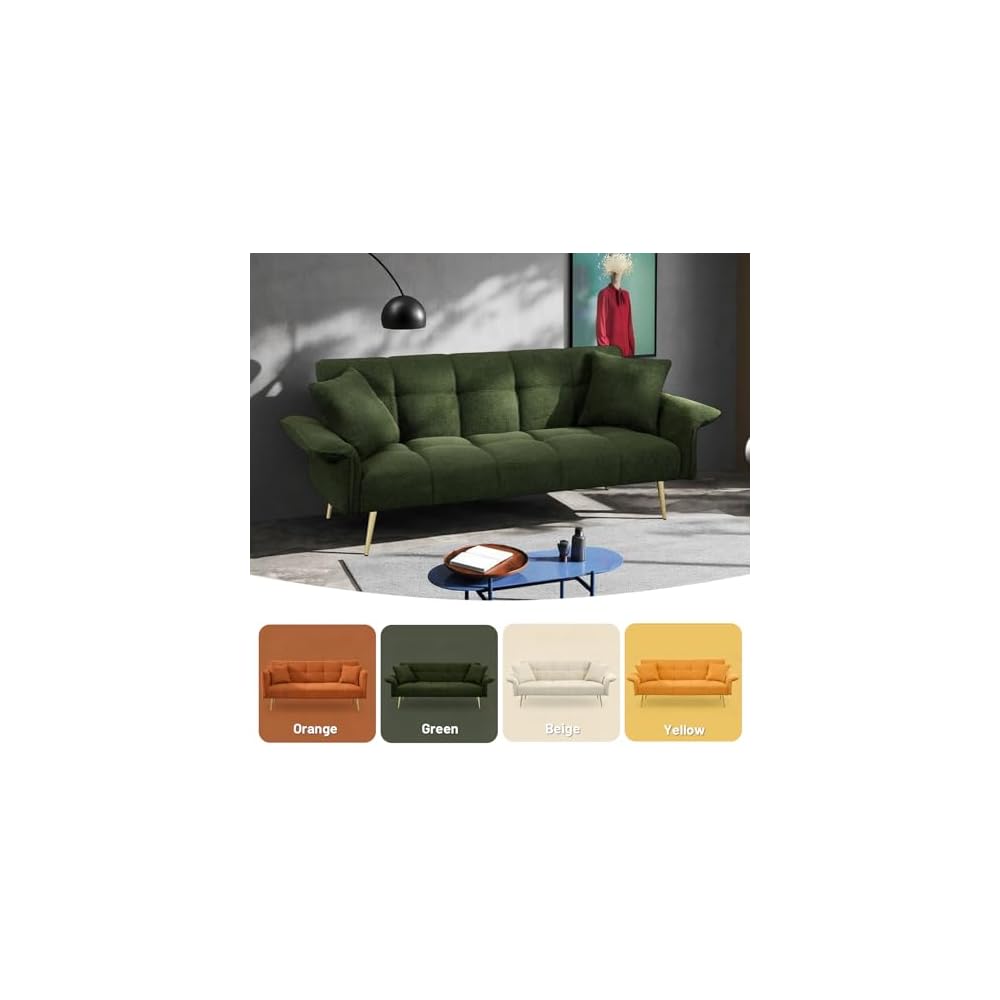70" Futon Sofa Bed,Teddy Fleece Fabric Couch Bed (Dark Green)