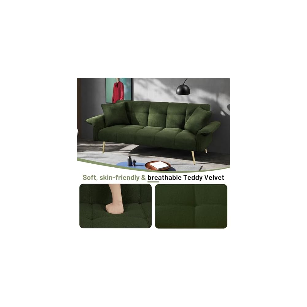 70" Futon Sofa Bed,Teddy Fleece Fabric Couch Bed (Dark Green)