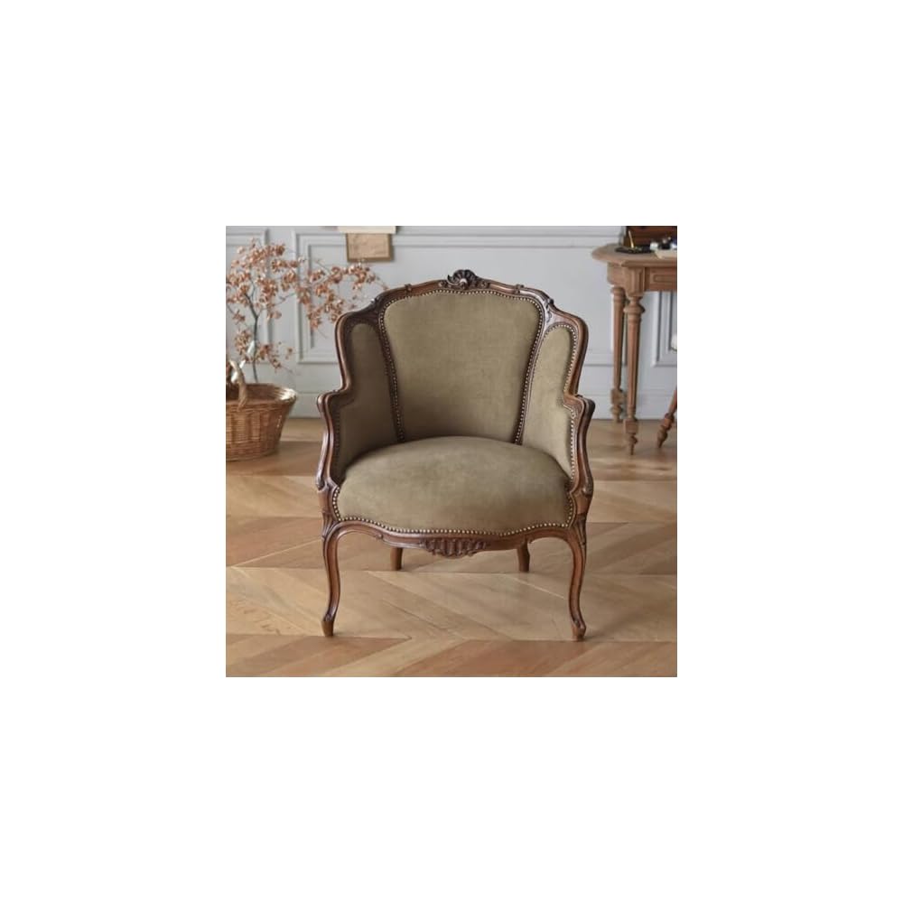 Vintage Solid Wood Accent Armchair, Upholstered Lounge Chair with Carved Frame and Nailhead Trim, Classic Single Sofa Chair for Living Room, Bedroom Studio