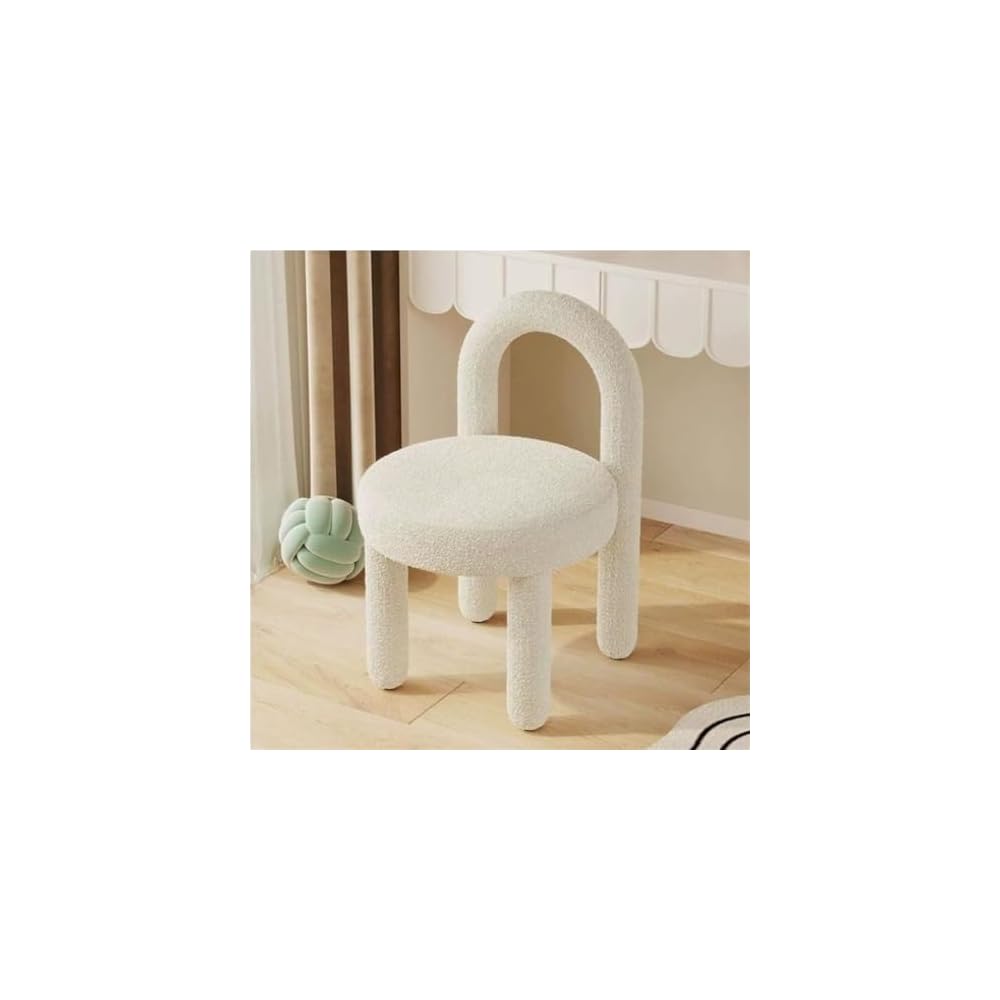 Stylish White Plush Comfort Dressing Chair with Backrest - Space-Saving Makeup & Office Chair for Small Spaces - Cute Design for Living Room & Home Office
