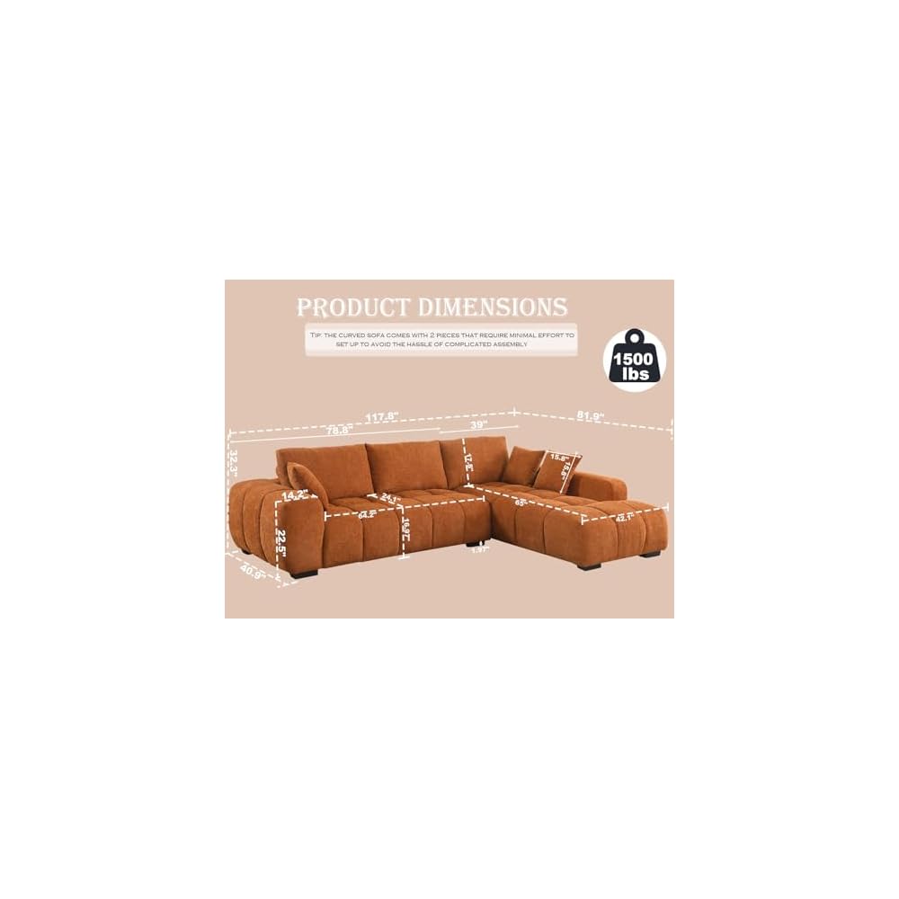 Modern L Shaped Couch for Living Room 118" Curved Sofa Sectional Couch with Right Facing Chaise Extra Large Cloud Sofas Chenille Plush Fluffy Couches with Deep Seats & Wider Arms (Orange)