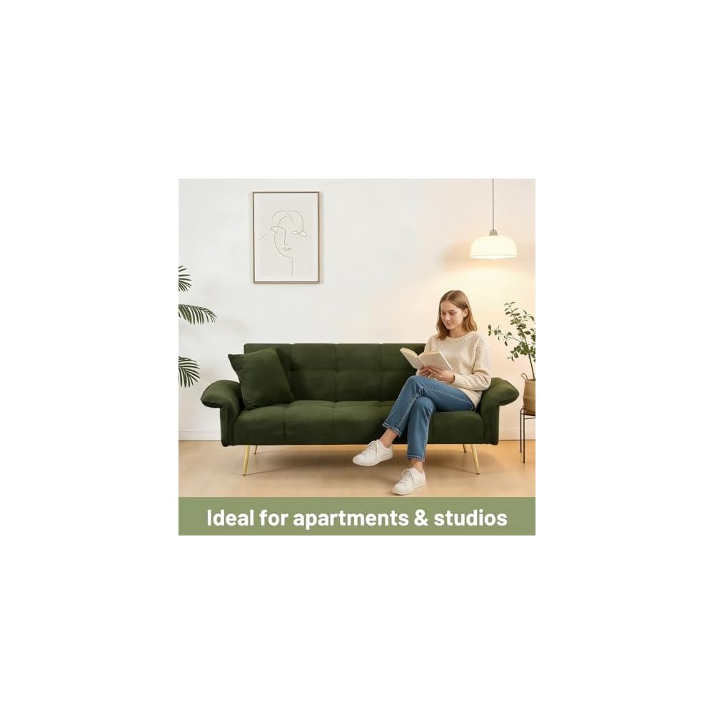 70" Futon Sofa Bed,Teddy Fleece Fabric Couch Bed (Dark Green)