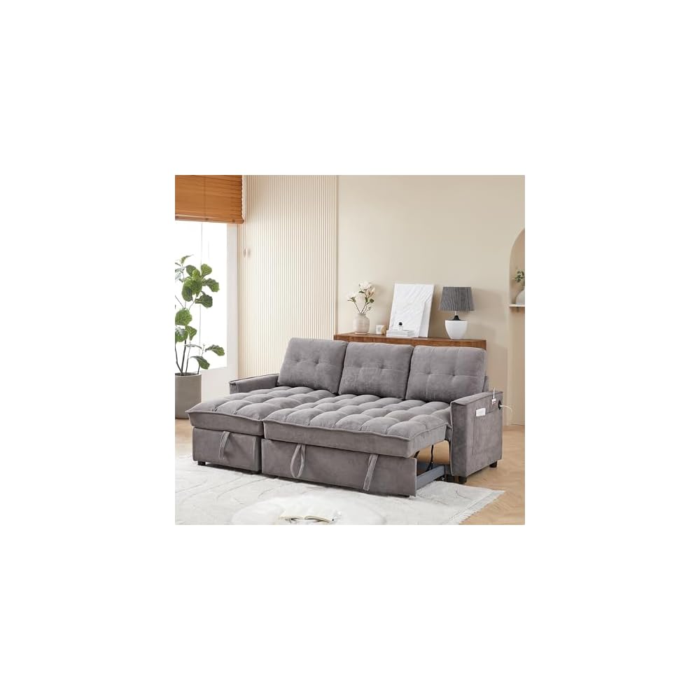 KEIKI 71.3" Convertible Sectional Sofa Bed, Pull Out Couch with Storage Chaise, USB & Type-C Ports, Chenille L Shaped Sleeper Sofa for Movie Nights, Family Room, Living Room Furniture