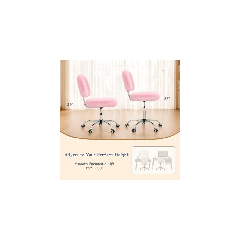 Vanity Chair with Wheels, Small Faux Fur Makeup Chair with Back Support for Bedroom & Dressing Room, Adjustable Swivel Rolling Chair, Armless, 10-Min Assembly, Pink