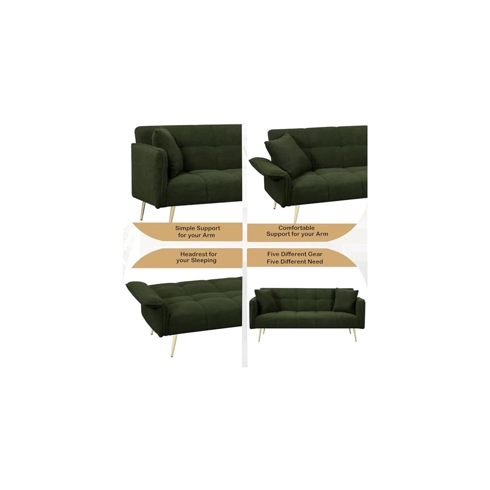 HRVEOCEI 70" Modern Teddy Convertible Folding Futon Couch Sofa Bed with Adjustable Backres & Arm, Memory Foam Loveseat Sofa for Compact Living Space, Dorm, Game Studio, Apartment, Bedroom (Green)