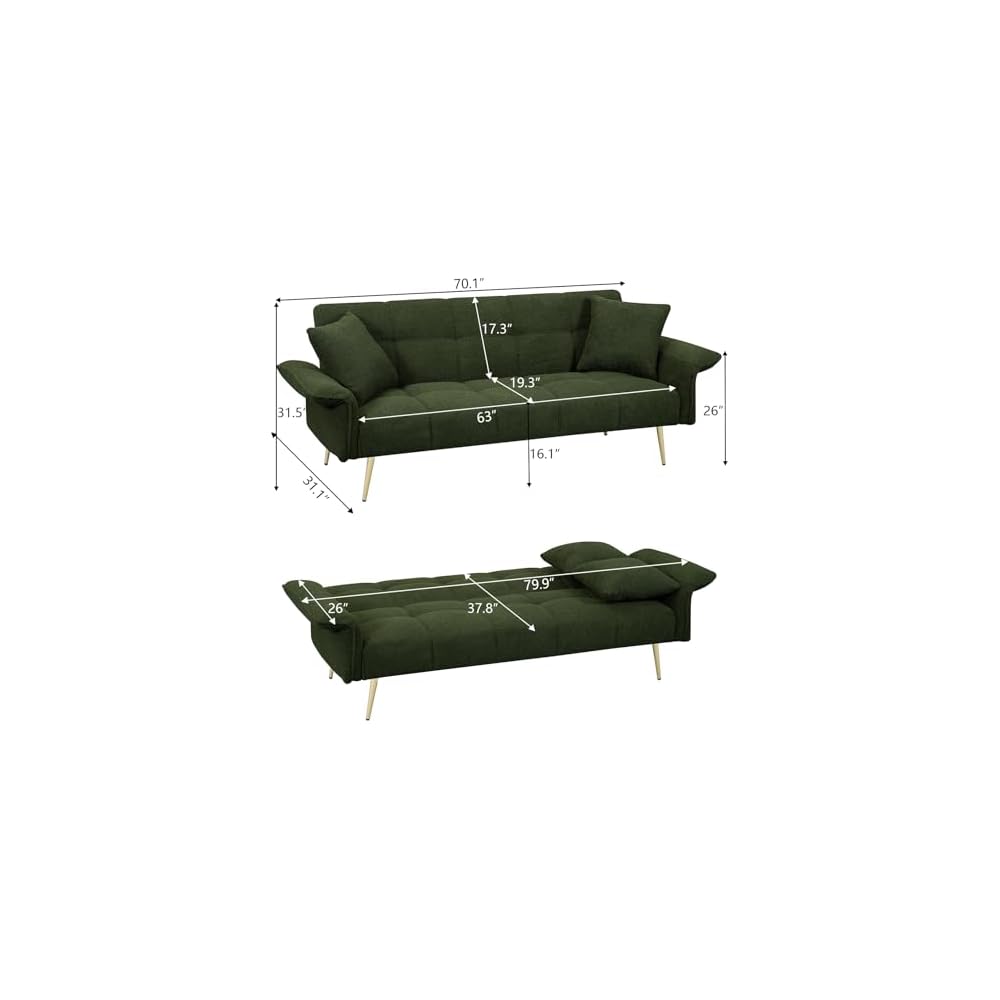 70" Futon Sofa Bed,Teddy Fleece Fabric Couch Bed (Dark Green)
