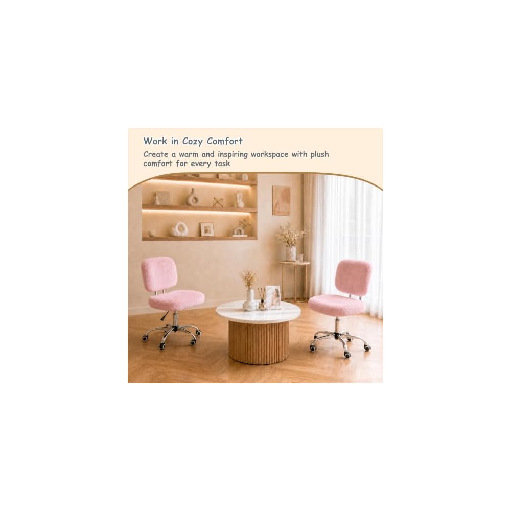 Vanity Chair with Wheels, Small Faux Fur Makeup Chair with Back Support for Bedroom & Dressing Room, Adjustable Swivel Rolling Chair, Armless, 10-Min Assembly, Pink
