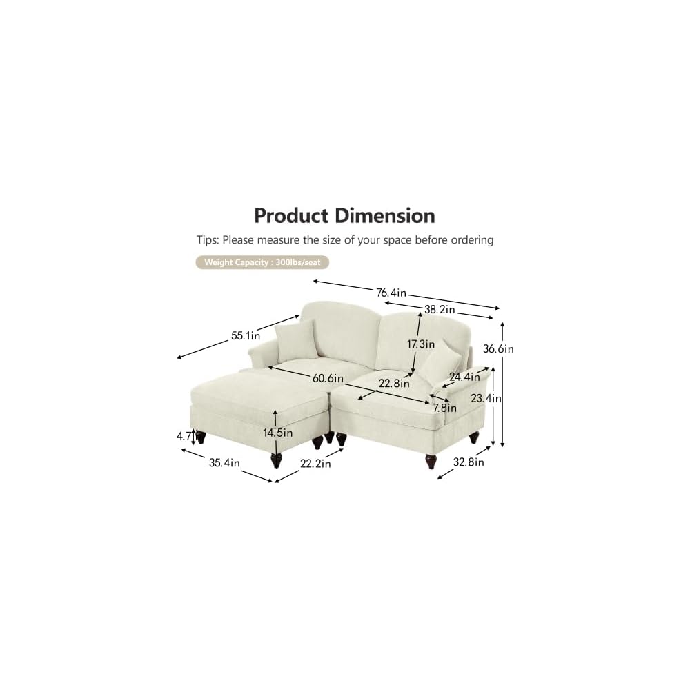Modular Sectional Sofa Couch, Comfy Chenille Two-Seat Sofa with Removable Ruffles Pleats Skirts, Elegant Mid Century Sofa Couch, for Living Room, Bedroom, Apartment (Beige+White, 76.4inch+1 ottoman)
