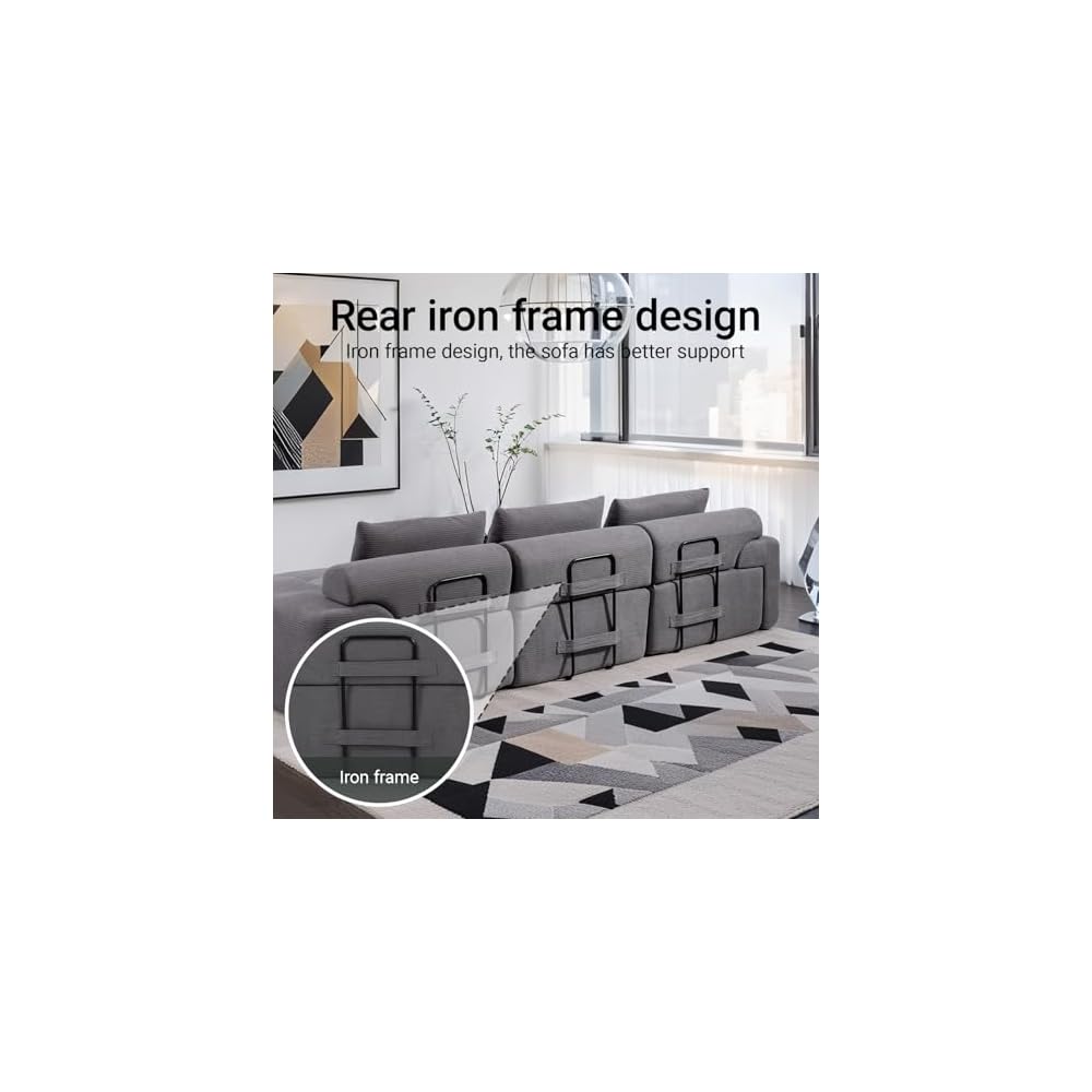 Fefances 120" Modern L-Shaped Modular Sectional Sofa, No Assembly Modular Boneless Couch Oversized 3-Seater Cloud Couch with Deep Seat and Movable Ottoman for Living Room-Corduroy Upholstery Grey