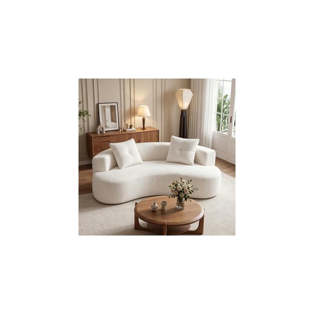 Boucle Curved Sofa 79.5" with 2 Pillows, 3-Seater White Couch