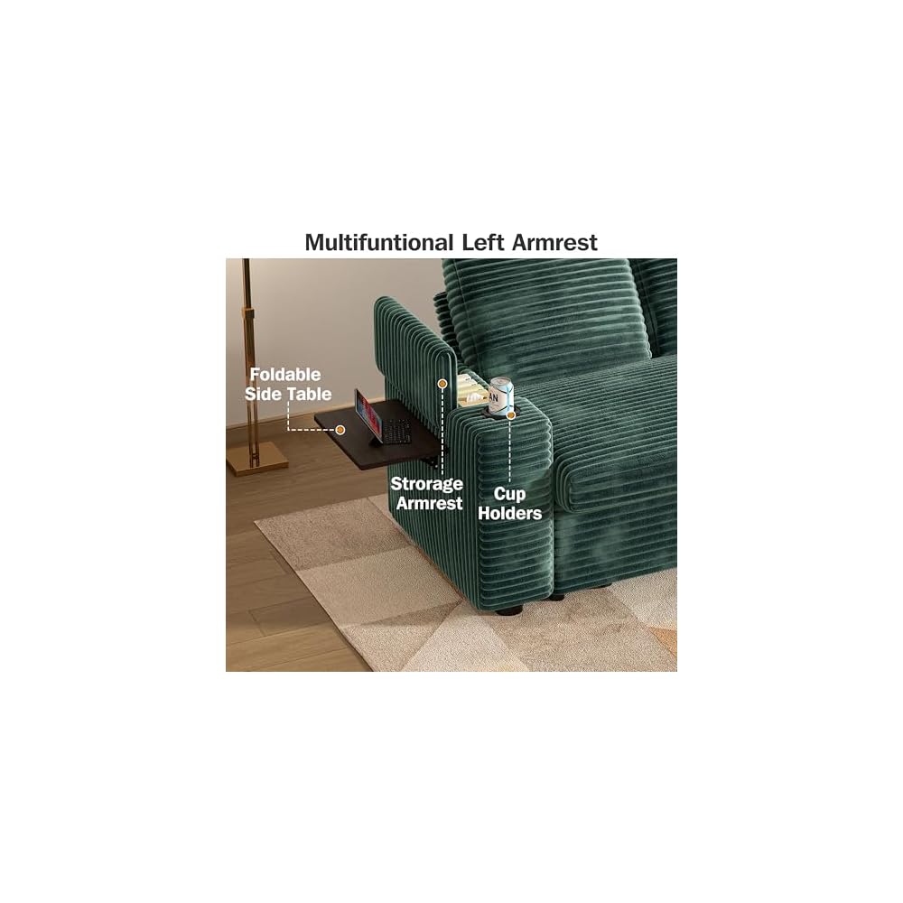 Vipbear 65" Loveseat Sleeper Sofa with Pull Out Bed, Plush Corduroy 3-in-1 Convertible Sofa Bed with Reclining Backrest|USB Ports|Cup Holders|Side Table|Storage Armrests, Tool Free Assembly, Green