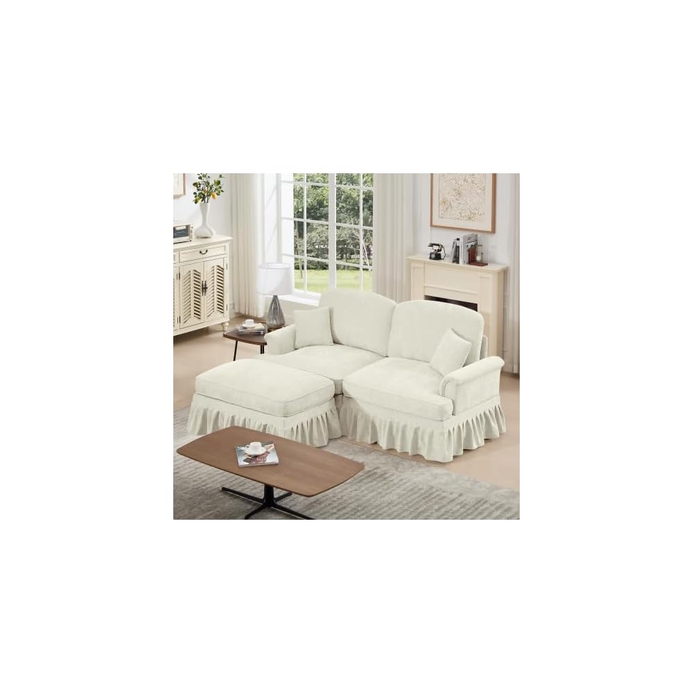 Modular Sectional Sofa Couch, Comfy Chenille Two-Seat Sofa with Removable Ruffles Pleats Skirts, Elegant Mid Century Sofa Couch, for Living Room, Bedroom, Apartment (Beige+White, 76.4inch+1 ottoman)