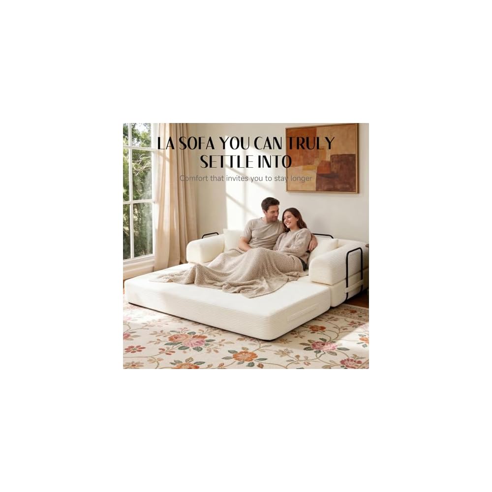 79'' Convertible Sofa Bed, Boneless Couch-in-a-Box, Corduroy Floor Futon Loveseat Sleeper, 26'' Deep Seat, Removable Machine-Wash Covers, Side Pockets, No Assembly, 2 Pillows, Warm Ivory