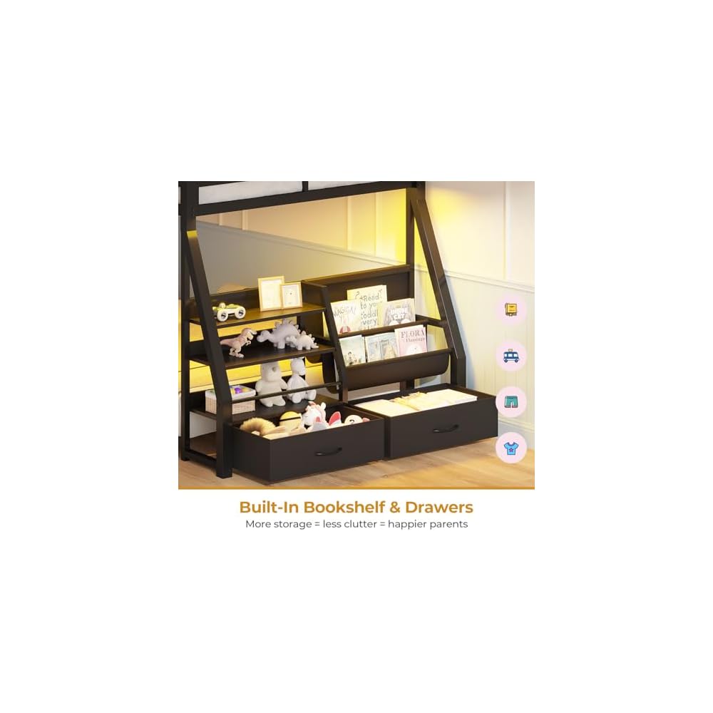 ADORNEVE Low Bunk Bed with Sling Bookshelves, Storage Drawers, Black