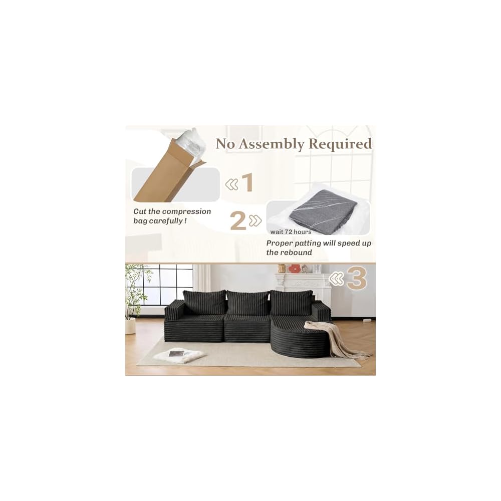 Boneless Couches for Living Room, L-Shaped Modular Sectional Sofa with Chaise, Modern Corduroy Cloud Couch with Deep Seat, Comfy Sponge Compression Convertible Sofas(Black)