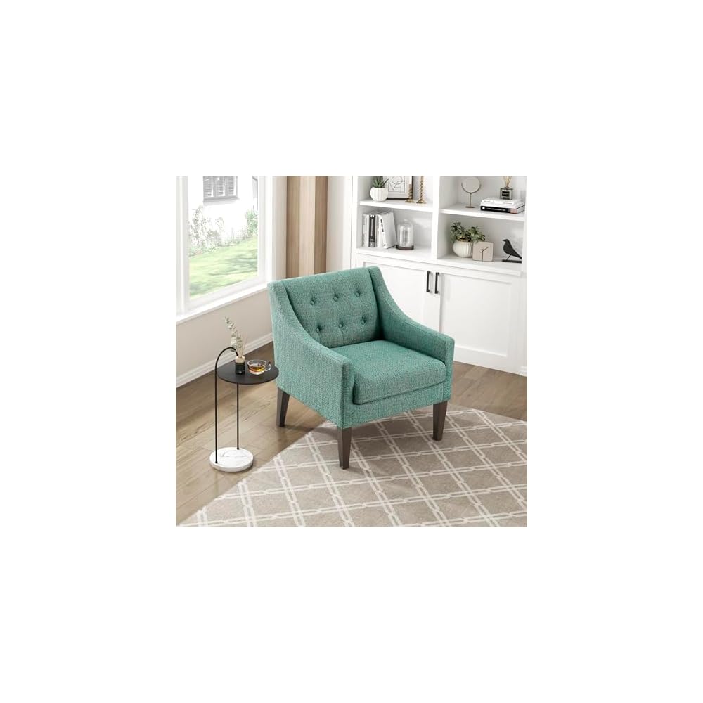 Lexicon Living Room Accent Chair, Textured Fabric Upholstered Arm Chair with Button Tufted Back, Sloped Arms and Wooden Legs, Green