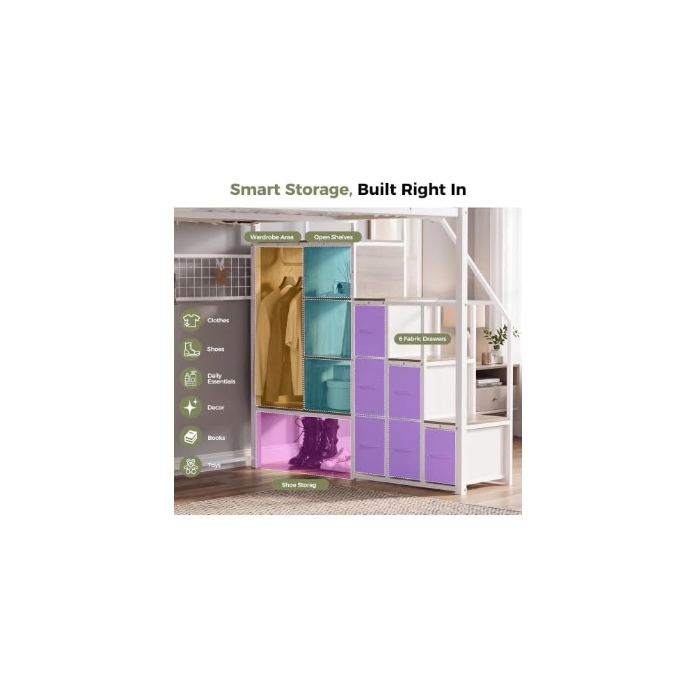 Full Loft Bed with Stairs, Storage, Headboard and LED Light (White)