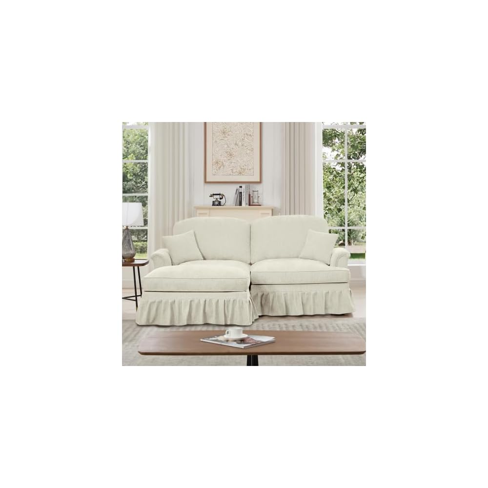 Modular Sectional Sofa Couch, Comfy Chenille Two-Seat Sofa with Removable Ruffles Pleats Skirts, Elegant Mid Century Sofa Couch, for Living Room, Bedroom, Apartment (Beige+White, 76.4inch+1 ottoman)