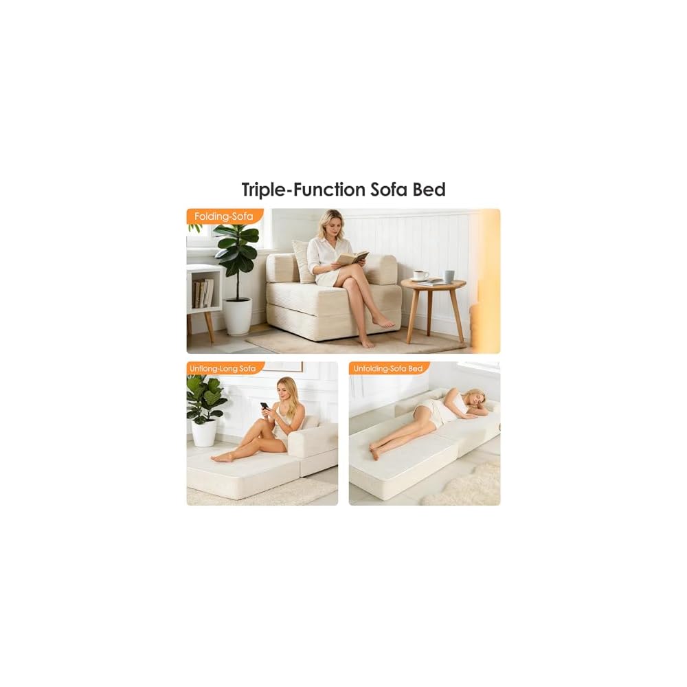 Folding Sofa Bed Convertible Boneless Couch, 3 in 1 Single Sleeping Chair