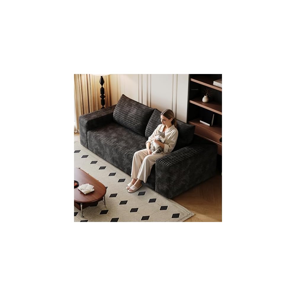 Cloud Loveseat Sofa, 71" Boneless Couch with Deep Seat, No Assembly Required, Comfy Corduroy Small Sofa for Living Room, Bedroom, Apartment (Black)