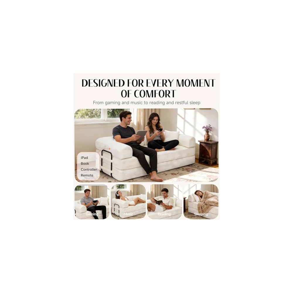 79'' Convertible Sofa Bed, Boneless Couch-in-a-Box, Corduroy Floor Futon Loveseat Sleeper, 26'' Deep Seat, Removable Machine-Wash Covers, Side Pockets, No Assembly, 2 Pillows, Warm Ivory
