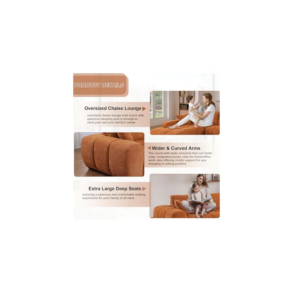 Modern L Shaped Couch for Living Room 118" Curved Sofa Sectional Couch with Right Facing Chaise Extra Large Cloud Sofas Chenille Plush Fluffy Couches with Deep Seats & Wider Arms (Orange)
