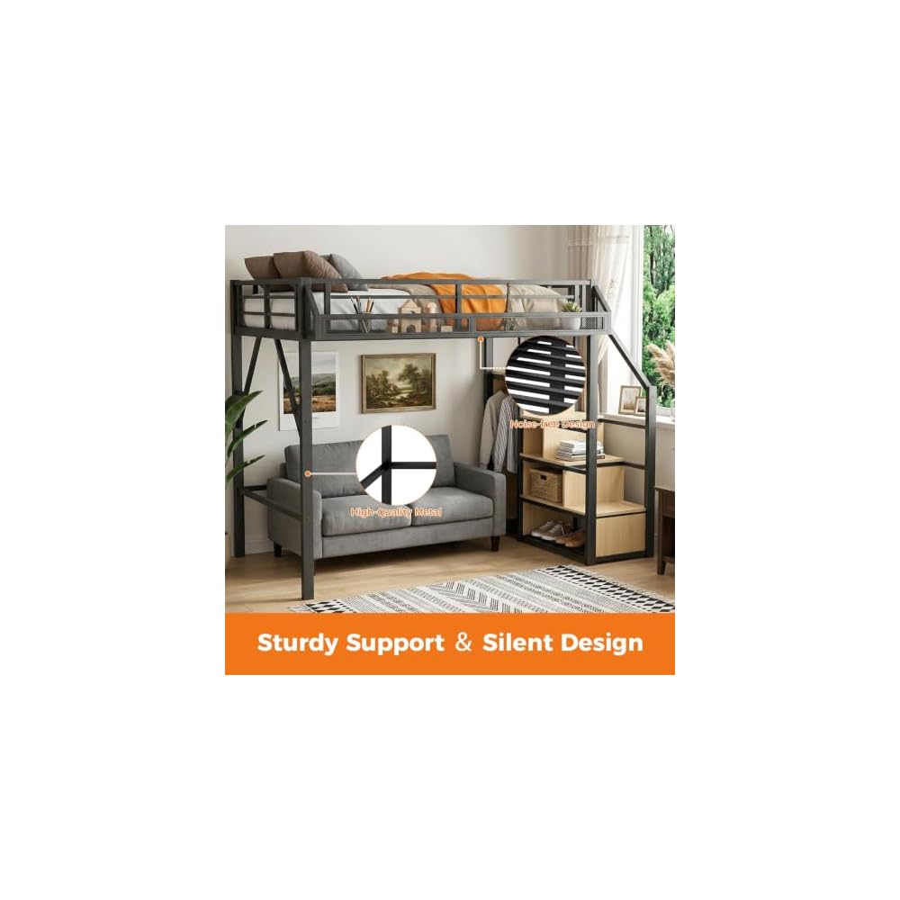 Full Size Loft Bed with Storage Stairs, Four-Sided Guardrail and Storage Shelves, Metal Loft Bed with Wardrobe for Kids, Teens and Adults, Modern Full Loftbed for Bedroom, Natural