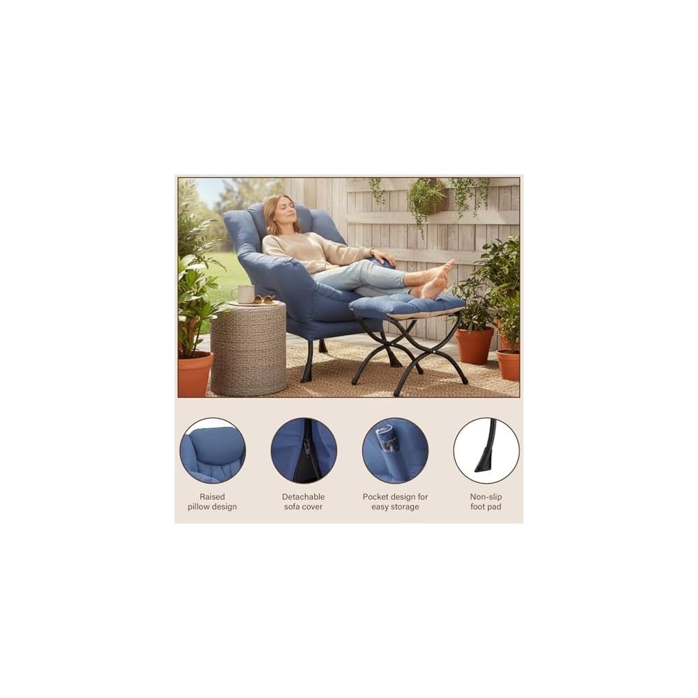 Welnow Lazy Chair with Ottoman, Reading Chair with Footrest,Royal Blue