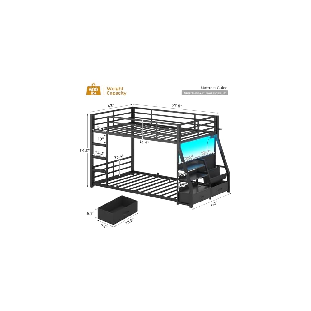 ADORNEVE Low Bunk Bed with Sling Bookshelves, Storage Drawers, Black