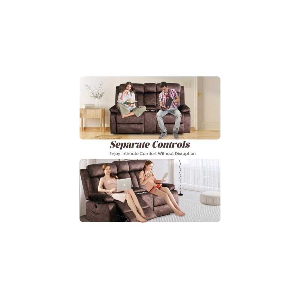 Power Reclining Loveseat with Console, Loveseat Recliner Sofa with Massage & Heat, Perfect Electric Couch for Living Room (Brown)