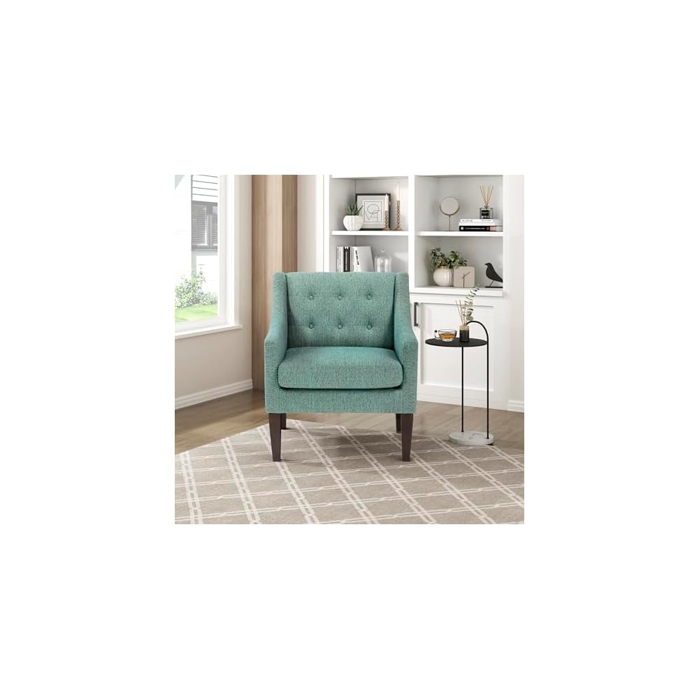 Lexicon Living Room Accent Chair, Textured Fabric Upholstered Arm Chair with Button Tufted Back, Sloped Arms and Wooden Legs, Green
