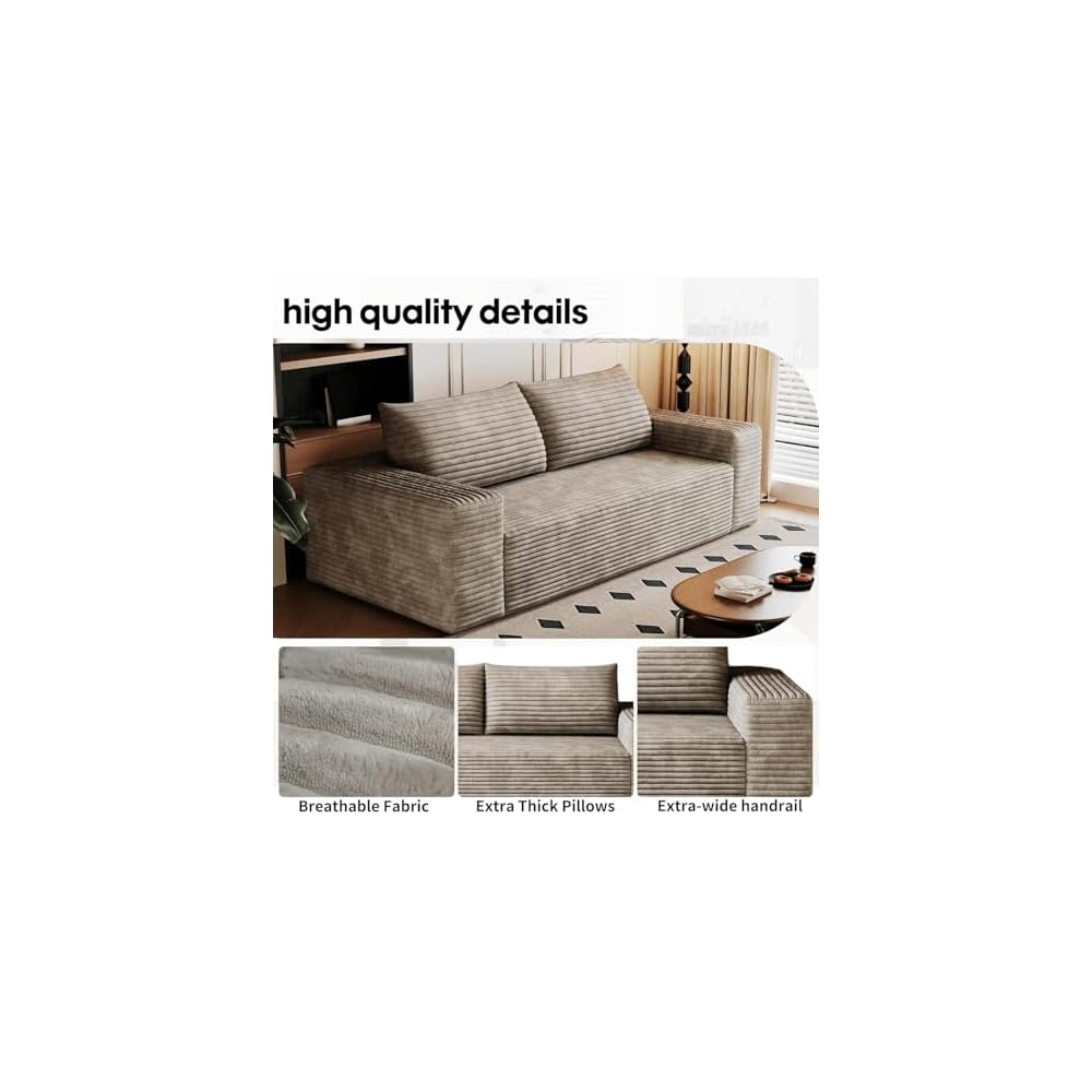 71" Cloud Boneless Loveseat Sofa Couch, Bean Bag 3-Seater Couch with Memory Foam, Corduroy Comfy Floor Sofa Deep Seat for Living Room, Bedroom, Apartment, No Assembly (Camel)