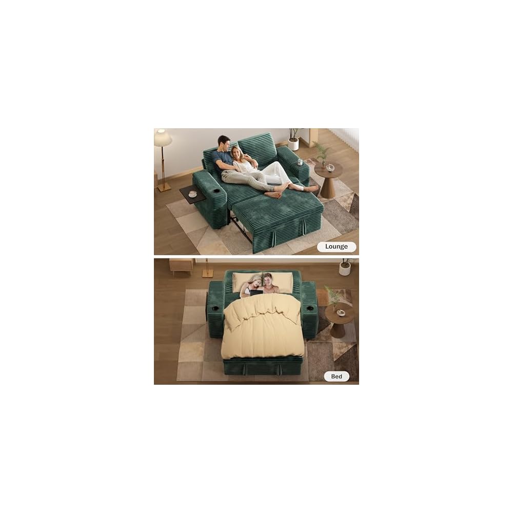 Vipbear 65" Loveseat Sleeper Sofa with Pull Out Bed, Plush Corduroy 3-in-1 Convertible Sofa Bed with Reclining Backrest|USB Ports|Cup Holders|Side Table|Storage Armrests, Tool Free Assembly, Green