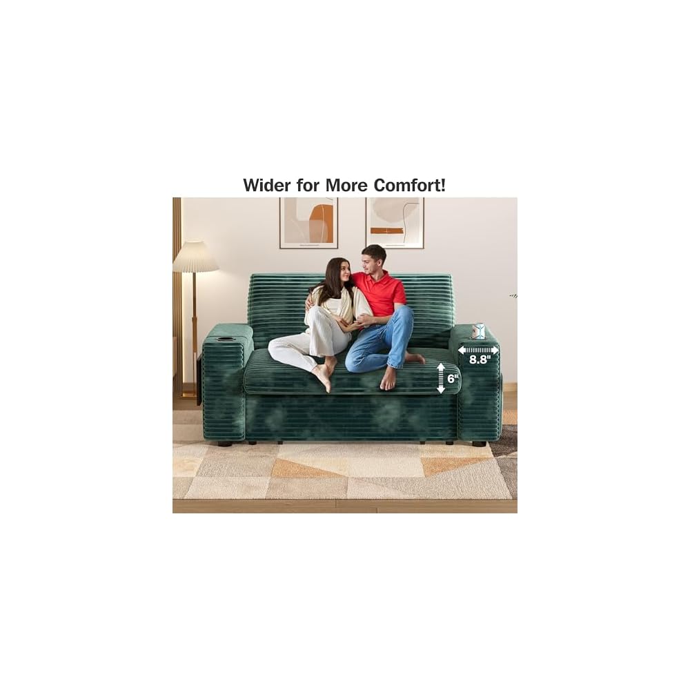 Vipbear 65" Loveseat Sleeper Sofa with Pull Out Bed, Plush Corduroy 3-in-1 Convertible Sofa Bed with Reclining Backrest|USB Ports|Cup Holders|Side Table|Storage Armrests, Tool Free Assembly, Green